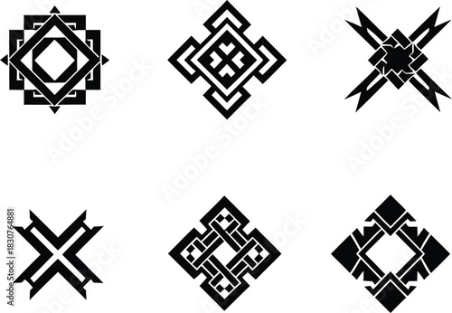 Abstract intertwined geometric frame and symbol collection, native american and aztec black and white decorative vector set for jewelry, tattoo, apparel, and modern logo design elements.