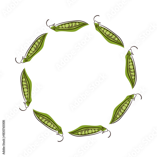 Peas wreath in flat style isolated on a white background. Design for vegetable store packaging.