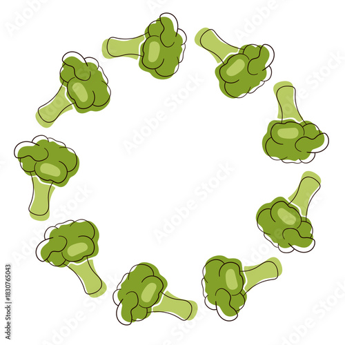 Broccoli wreath in flat style. Design for vegan, organic food, healthy eating and grocery design theme.
