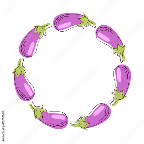 Wreath with eggplant in flat style isolated on a white background. Design for vegetable store card.