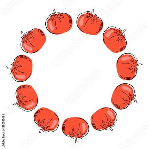 Wreath with Tomato in flat style isolated on white background. Design for grocery store package.