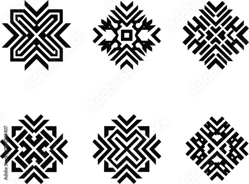 Abstract symmetrical geometric shape set, native american and aztec decorative elements, tribal black and white line art vector collection for textile, logo, and fashion print design.