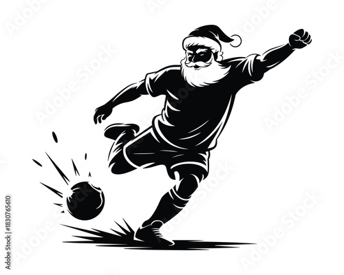 Santa Claus playing soccer with enthusiasm during the holiday season 