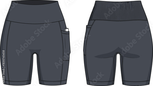 Athletic shorts technical sketch, front and back view, high waistband, side pocket, ribbed detail, fashion flat, garment construction, apparel design