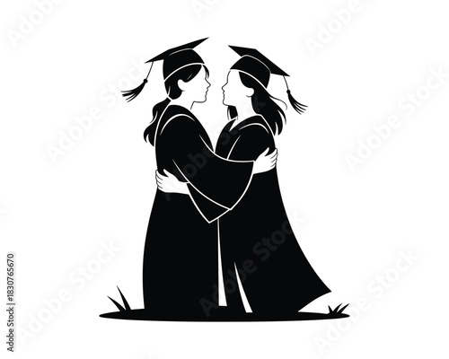 Silhouette of two female graduates hugging celebrating academic achievement together