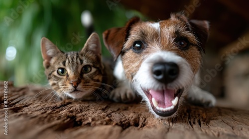 A joyful cat and dog lean closely together on a rustic log, showcasing their friendship and the playful bond shared between different pets and species in nature.