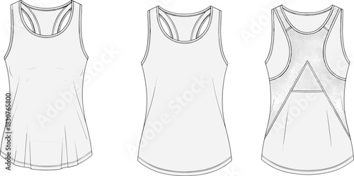 Athletic top sketch, front and back views, scoop neckline, racerback, mesh panel, pocket detail, fashion flat, garment construction, activewear design