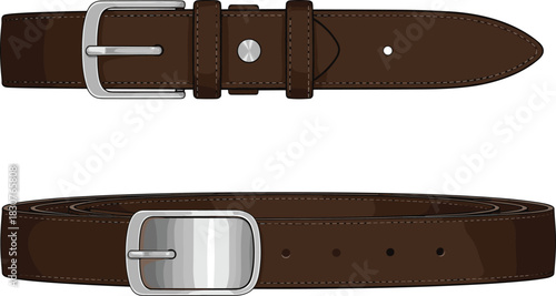 Brown leather belt sketch, flat and coiled view, silver buckle, adjustment holes, stitched edge, fashion flat, accessory design, product illustration