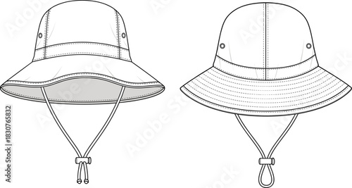 Bucket hat front view, wide brim, chin strap, adjustable toggle, stitched brim, ventilation eyelets, technical fashion sketch, design variation
