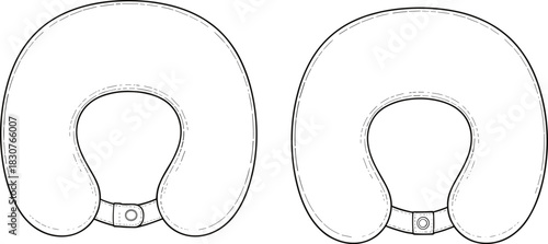 Travel neck pillow sketch, U-shape design, button strap closure, ergonomic support, stitched detail, fashion flat, comfort accessory, product illustration