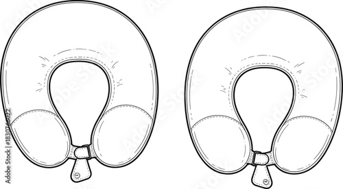 Travel neck pillow sketch, U-shape design, front clasp, ergonomic support, stitched detail, fashion flat, comfort accessory, product illustration