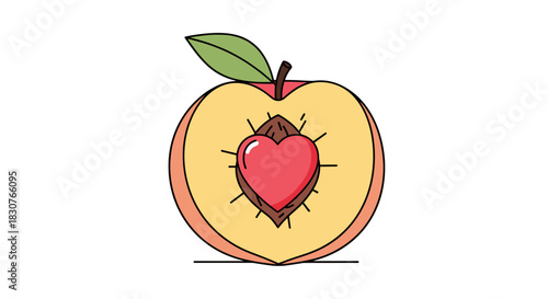A stylized illustration of a halved peach with a red heart nestled inside its pit, symbolizing love and sweetness.