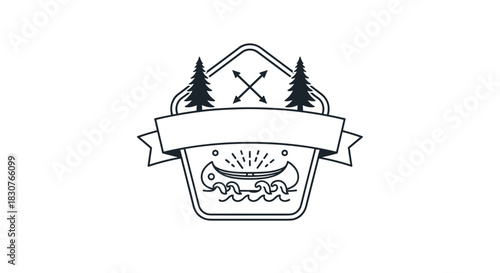 Monoline outdoor adventure badge with a canoe on water, pine trees, crossed arrows, and a blank banner for custom text.