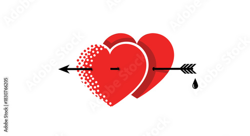 Two connected red hearts, one fading, are pierced by a black arrow with a teardrop, symbolizing heartbreak, emotional pain, and fragile love.