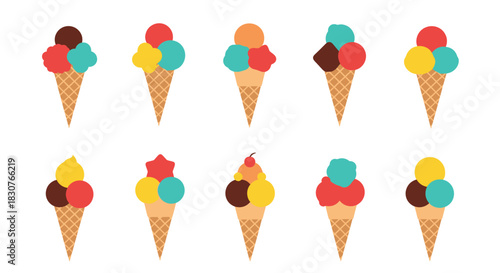 A vibrant collection of ten colorful ice cream cones, each with multiple scoops of different flavors and shapes, some with toppings, on a clean white background.