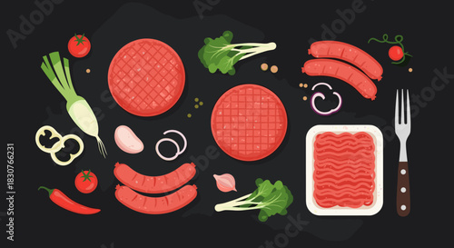 Top view of fresh raw burger patties, sausages, and ground meat in a tray, surrounded by various vegetables on a dark background.