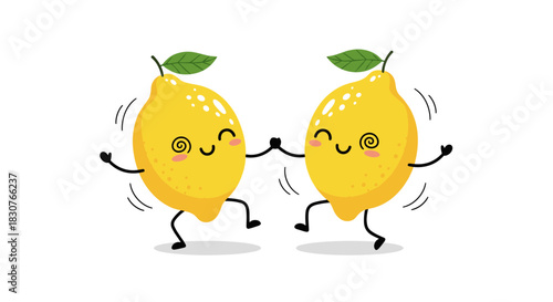 Two happy cartoon lemons with rosy cheeks and spiral eyes are cheerfully dancing and holding hands on a white background, symbolizing fun and joy.