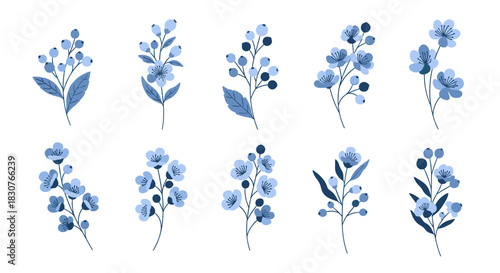 A charming collection of delicate blue floral and berry branches, perfect for spring and summer decorative graphic design elements.