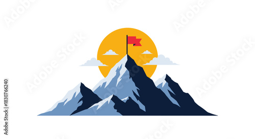 A red flag on the highest snowy mountain peak with a glowing sun and clouds, representing achievement, success, and reaching a significant goal.