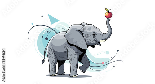 A charming cartoon elephant playfully balances a vibrant red apple on its raised trunk, set against abstract blue and black swirling designs.