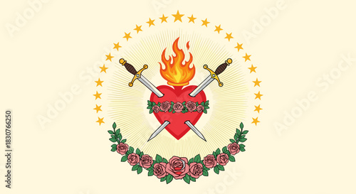 Traditional religious symbol of the Immaculate Heart of Mary, featuring a flaming heart, seven swords, a rose garland, and a star halo.