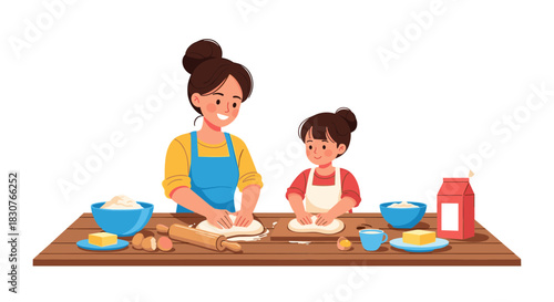 Mother and daughter happily bake together, kneading fresh dough on a wooden table, surrounded by flour, eggs, and butter, sharing a joyful family activity.