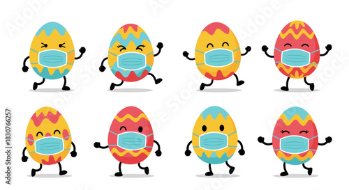 Animated Easter eggs with vibrant patterns and cheerful expressions don face masks, promoting safety in a whimsical springtime celebration.