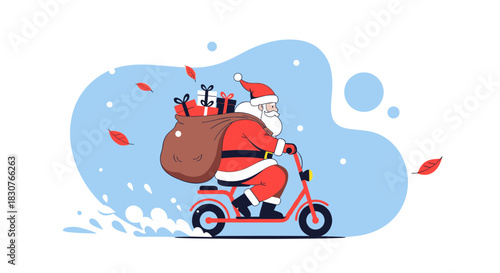Jolly Santa Claus rides a modern red electric scooter, delivering a big sack of festive gifts against a stylized blue background.