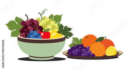 A colorful assortment of fresh fruits, including grapes, oranges, and apples, displayed in a bowl and on a plate.