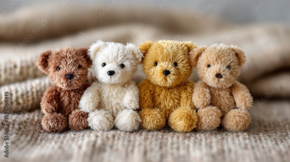 Obraz premium A charming collection of four miniature teddy bears showcasing various colors and textures, perfect for evoking feelings of nostalgia and warmth in viewers.