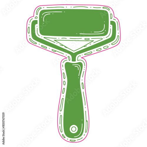 Green facial roller for beauty treatments and skincare routine with pink outline on white background for health and wellness