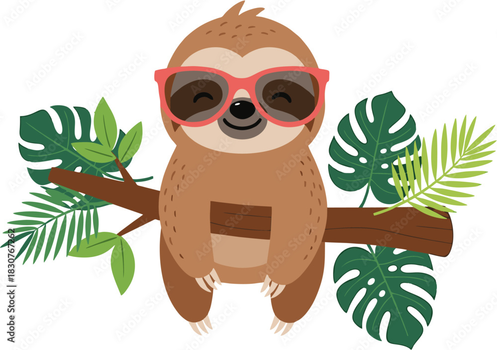 Obraz premium Cute cartoon sloth wearing sunglasses, sitting on a tree branch surrounded by tropical leaves, illustration