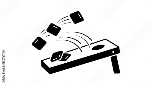 Illustration of bean bags in motion being thrown at a cornhole game board in black and white color