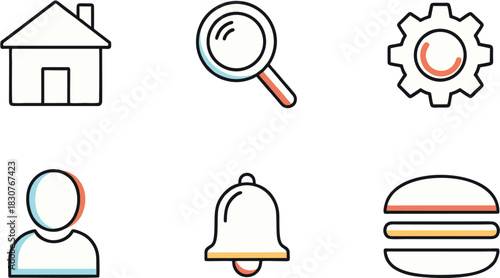 Vector graphic collection of essential user interface icons for web and mobile design, featuring home, search, settings, profile, and notification symbols