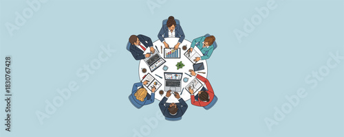 Business people meeting around a round table, diverse team working on project, top view of office workers collaborating, corporate strategy discussion
