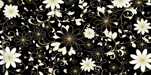 Black and white seamless floral vector pattern with vintage flower illustration for nature-inspired summer spring design