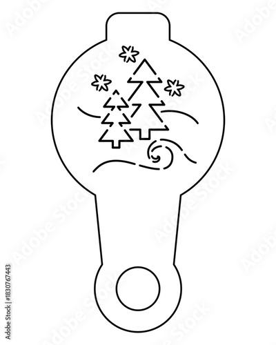 Fir trees and snow, landscape stencil for cappuccino - vector linear silhouette for stencil. Winter landscape with fir trees