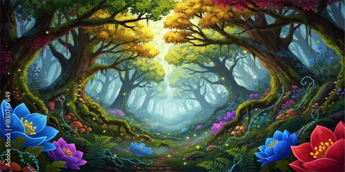 Green leaves on a blooming tree in the park with blue summer sky, reflecting on the water of a pond