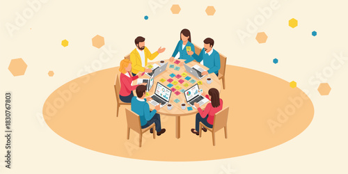 Creative business team working on laptops with sticky notes, group of professionals collaborating on project, office employees brainstorming at round table