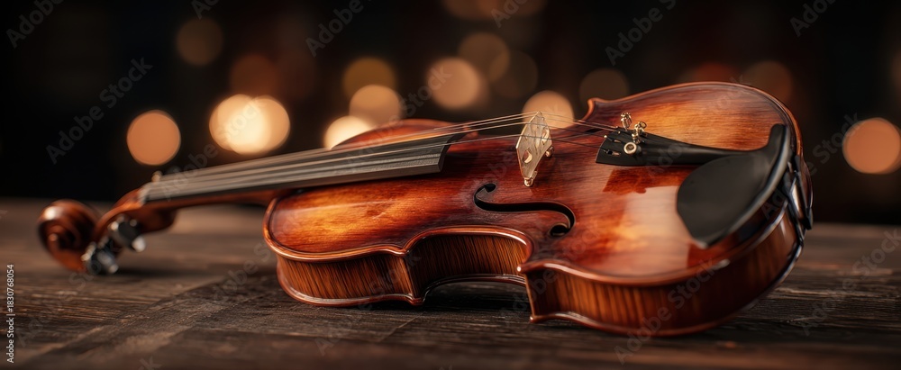 Fototapeta premium The Violin Resting on a Rustic Wooden Table with Warm Bokeh Lights