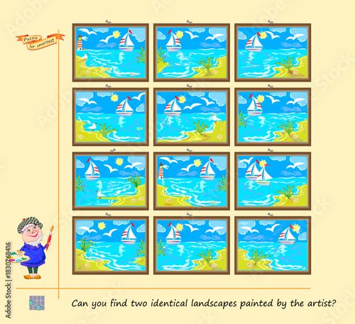 Can you find two identical landscapes painted by the artist? Game Seek and Find. Logic puzzle for children and adults. Brain teaser book. IQ test for attentiveness. Hand drawn flat vector illustration