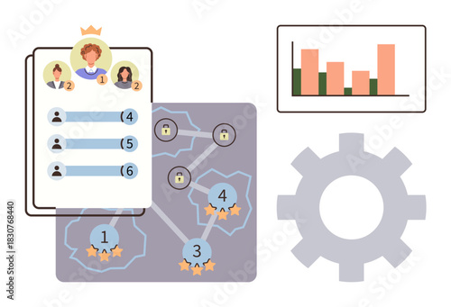 Crowned leader and ranked teammates list, connected nodes with ratings, gear, bar chart. Ideal for teamwork, leadership, productivity, strategy evaluation analytics success. Simple flat metaphor