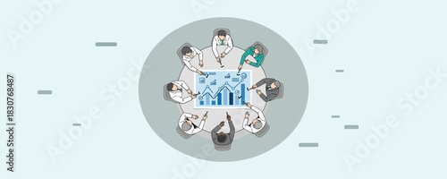 Top view of business people gathered around a round table, collaborating on a large chart with various financial and analytical data representations