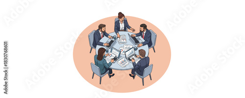 Group of business professionals conducting a meeting around a round table, reviewing documents and analyzing data on laptops and printed reports
