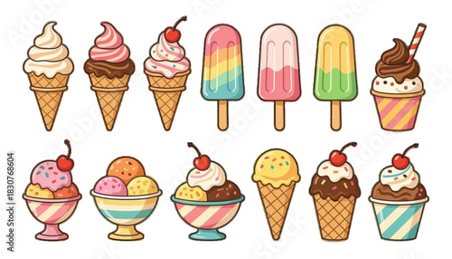 Hand Drawn Ice Cream Set Isolated On transparent Background Vector Illustration. Delicious Dessert Vector Collection: Cones, Popsicles, and Sundaes. Set of Cartoon Colored Doodle Ice Cream vector.