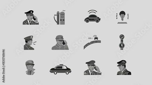 Law Enforcement, Public Safety, and Transportation Icons Set. Police Officer, Security, Communication, and Surveillance Symbols.