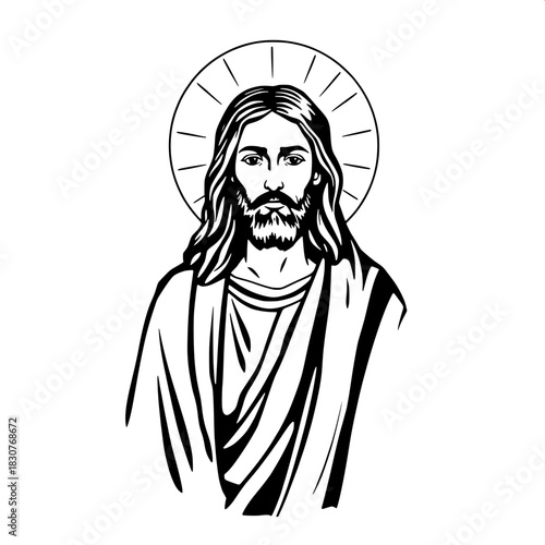 Minimal black-and-white depiction of Jesus Christ directly facing the viewer with a serene expression, surrounded by a thin halo, draped in simple yet elegant robes that fall in gentle folds, with sof