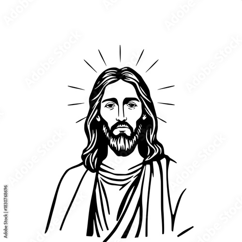 Minimal black-and-white depiction of Jesus Christ directly facing the viewer with a serene expression, surrounded by a thin halo, draped in simple yet elegant robes that fall in gentle folds, with sof