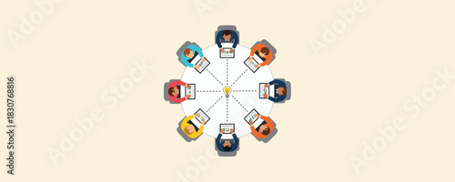 Business people sitting around round table with light bulb idea at center and dashed lines connecting to each person showing teamwork and collaboration concept