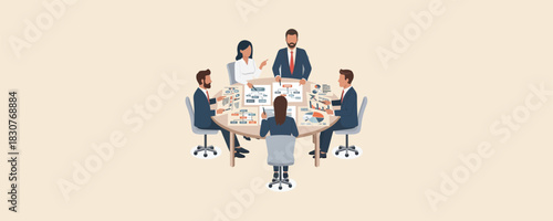 Business team in formal attire conducting a meeting around oval conference table reviewing charts and documents in professional office setting vector illustration